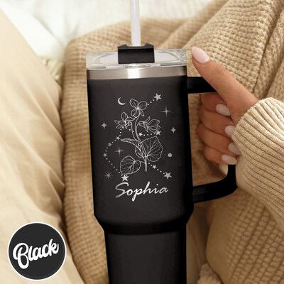 Personalized Tumbler Name Birth Flower, Birth Flower Engraved Tumbler, Zodiac Signs Tumblers, 40oz Tumbler With Handle, Birthday Day Engrave - image4